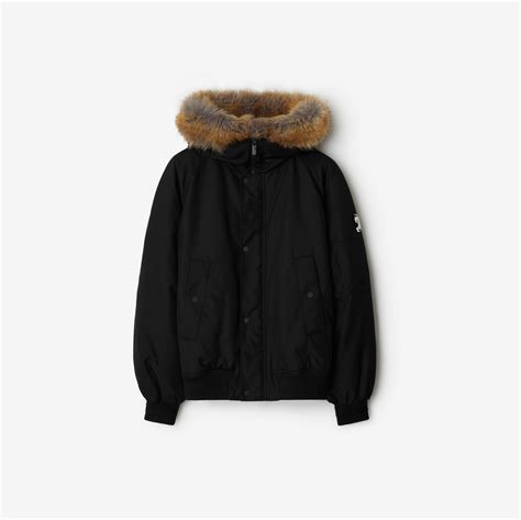 Faux Fur Trim Nylon Bomber Jacket in Black 